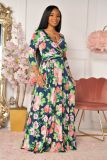 Plus Size Printed V Neck 3/4 Sleeve Sashes Maxi Dress XMY-9316