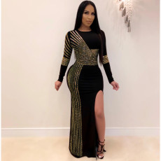 Plus Size Sexy Hot Rhinestone Round Neck Split Long Sleeve Nightclub Dress NY-8882