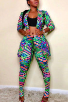 Plus Size Print Slim-fit Lapel Coat and Pants Two Piece Sets NY-8863