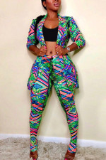 Plus Size Print Slim-fit Lapel Coat and Pants Two Piece Sets NY-8863
