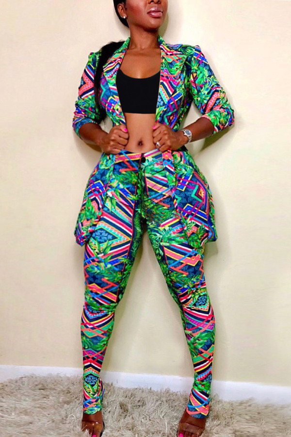 Plus Size Print Slim-fit Lapel Coat and Pants Two Piece Sets NY-8863