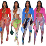 Sexy Long Sleeve Crop Top+Pantyhose Pants 2 Piece Sets BN-9307