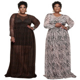 Plus Size Mesh Printed Long Sleeve Maxi Dress NNWF-7333