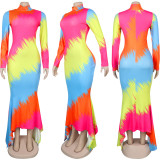 Print Irregular Hem Slim Long Sleeve Maxi Dress NY-8862