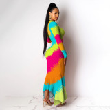 Print Irregular Hem Slim Long Sleeve Maxi Dress NY-8862