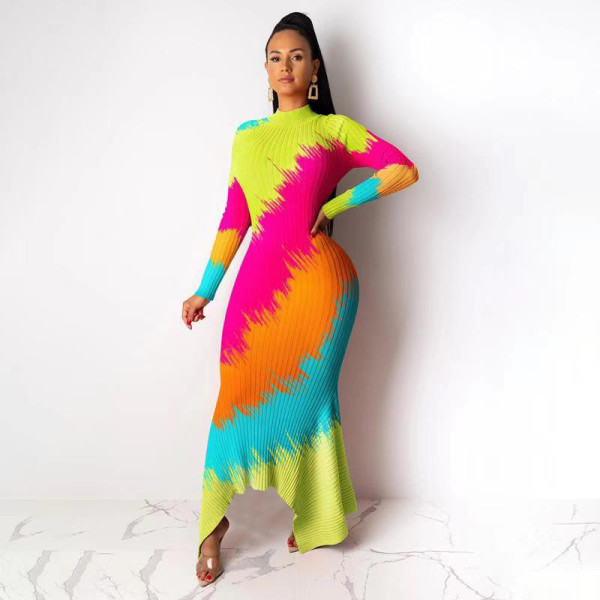 Print Irregular Hem Slim Long Sleeve Maxi Dress NY-8862