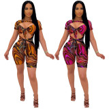 Sexy Printed Hollow Out Short Sleeve Romper NK-8610