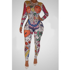 Smiley Print Long Sleeve Zipper Jumpsuit CY-6546