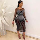 Hot Rhinestone Long Sleeve Slim Nightclub Dress NY-2198