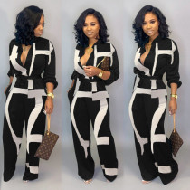 Plus Size Casual Printed Long Sleeve Sashes Jumpsuit LSD-8615-1