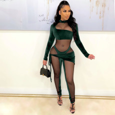 Sexy Velvet Mesh Patchwork Long Sleeve Jumpsuit LA-3298