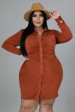 Plus Size Solid Long Sleeve Slim Shirt Dress OSM-7005