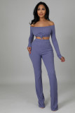 Solid Ribbed Slash Neck Long Sleeve 2 Piece Pants Set ZDF-31175