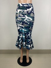 Camo Print High Waist Ruffle Midi Skirt LSL-6480