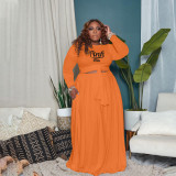 Plus Size Pink Letter Print Long Sleeve Maxi Skirt Sets WAF-77318