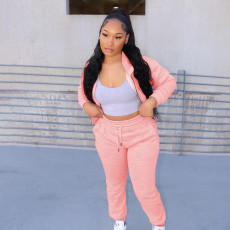 Solid Fleece Zipper Hoodies Two Piece Sets MEI-9217
