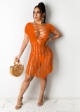 Sexy Fashion Hollow Out Weave Tassel Beach Dress OSM-4330
