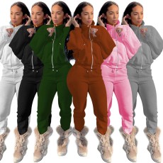 Solid Fleece Zipper Sweatshirt Pants Two Piece Sets NIK-265