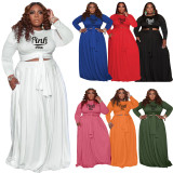Plus Size Pink Letter Print Long Sleeve Maxi Skirt Sets WAF-77318