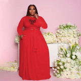Plus Size Pink Letter Print Long Sleeve Maxi Skirt Sets WAF-77318
