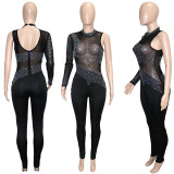 Sexy Hot Drilling Mesh See Through One Shoulder Jumpsuit SH-390212