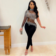 Sexy Hot Drilling Mesh See Through One Shoulder Jumpsuit SH-390212