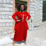 Plus Size Letter Print Long Sleeve Loose Maxi Dress HNIF-008