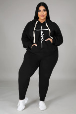 Plus Size Fleece Letter Print Hoodie Two Piece Pants Set WAF-77331