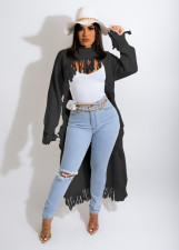 Solid Knitted Tassel Long Sleeve Irregular Sweater Top TR-1188