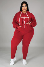 Plus Size Fleece Letter Print Hoodie Two Piece Pants Set WAF-77331