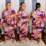 Plus Size Printed Long Sleeve Slim Maxi Dress OSIF-21401