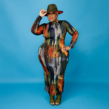 Plus Size Printed Long Sleeve Slim Maxi Dress OSIF-21401