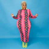 Plus Size Printed Long Sleeve Slim Maxi Dress OSIF-21401