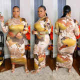Plus Size Printed Long Sleeve Slim Maxi Dress OSIF-21401