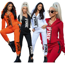 Pink Letter Print Zipper Long Sleeve Two Piece Sets HM-6536