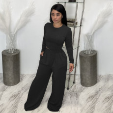Solid Long Sleeve Top Loose Pants Two Piece Sets BDF-8107