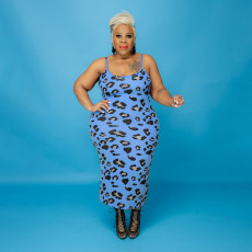 Plus Size Leopard Long Sleeve Crop Top+Sling Maxi Dress 2 Piece Sets OSIF-21402