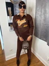 Casual Printed Fleece Polo Collar 2 Piece Pants Set OY-6315