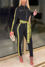 Letter Print Patchwork Zipper Sashes Jumpsuit ZSD-0500