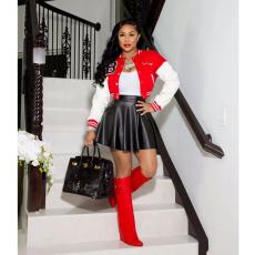 Plus Size Baseball Jacket+PU Leather Mini Skirt Two Piece Sets OD-8470