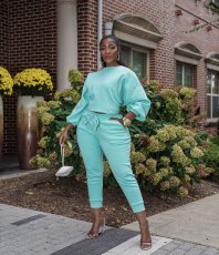 Solid Fleece O Neck Sweatshirt Pants Two Piece Sets ZDF-31177