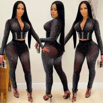 Sexy Hot Drilling See Through Long Sleeve 2 Piece Sets BY-5206