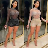 Sexy Hot Drilling See Through Long Sleeve Romper (With Underpants)BY-5165