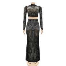 Hot Drilling Mesh Long Sleeve Maxi Skirt 2 Piece Suits BY-5379