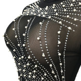 Sexy Mesh Hot Drilling Pearls Tassel Long Sleeve Club Dress BY-5216