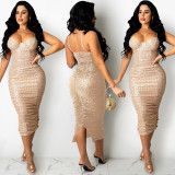 Sexy Sequins Spaghetti Strap Split Club Dress BY-5387