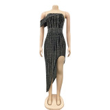 Sexy Hot Drilling Off Shoulder Irregular Long Club Dress BY-5046