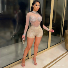 Sexy Hot Drilling See Through Long Sleeve Romper (With Underpants)BY-5165