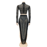 Hot Drilling Tassel Mesh Long Sleeve Maxi Skirt 2 Piece Sets BY-5372
