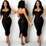 Sexy Sequins Spaghetti Strap Split Club Dress BY-5387